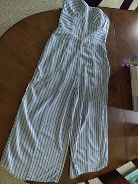 American Eagle Outfitters Blue and White Striped Sweetheart Neckline Jumpsuit
